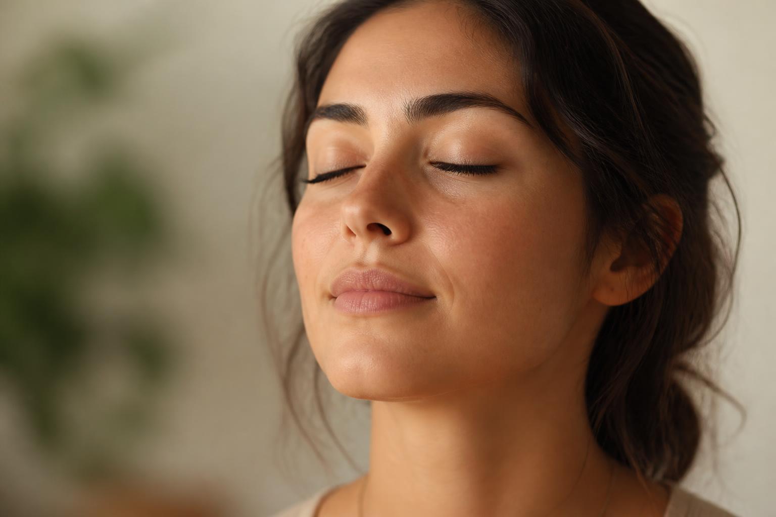 A person with eyes gently closed in calm awareness
