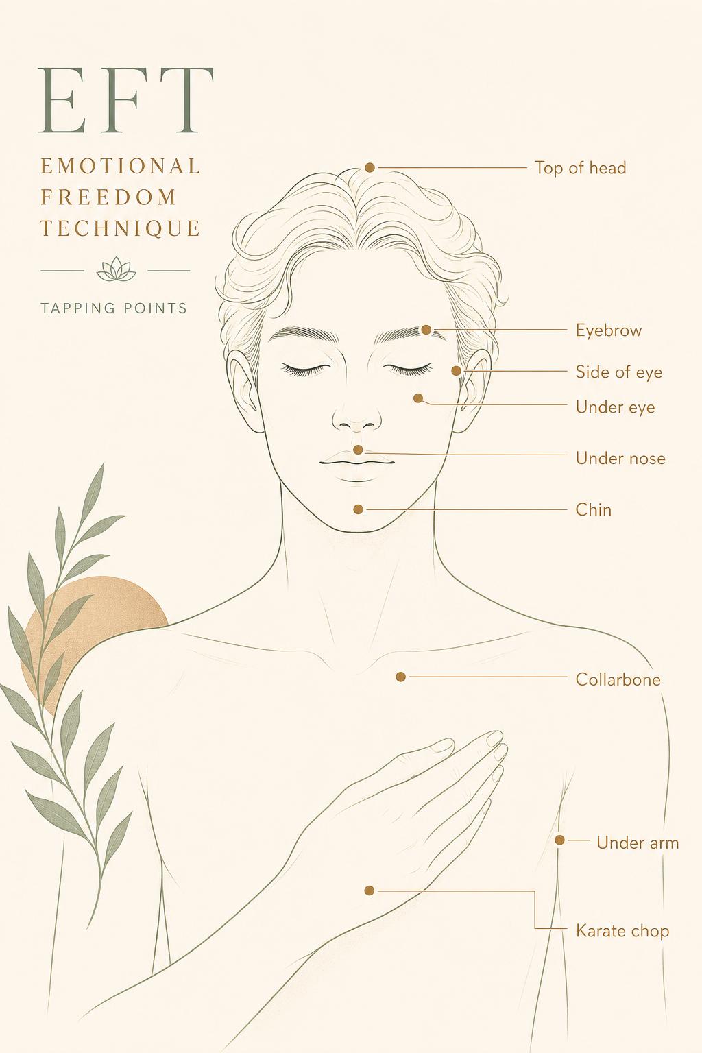 Illustrated diagram of the EFT tapping points: top of head, eyebrow, side of eye, under eye, under nose, chin, collarbone, under arm, gamut point, and karate chop