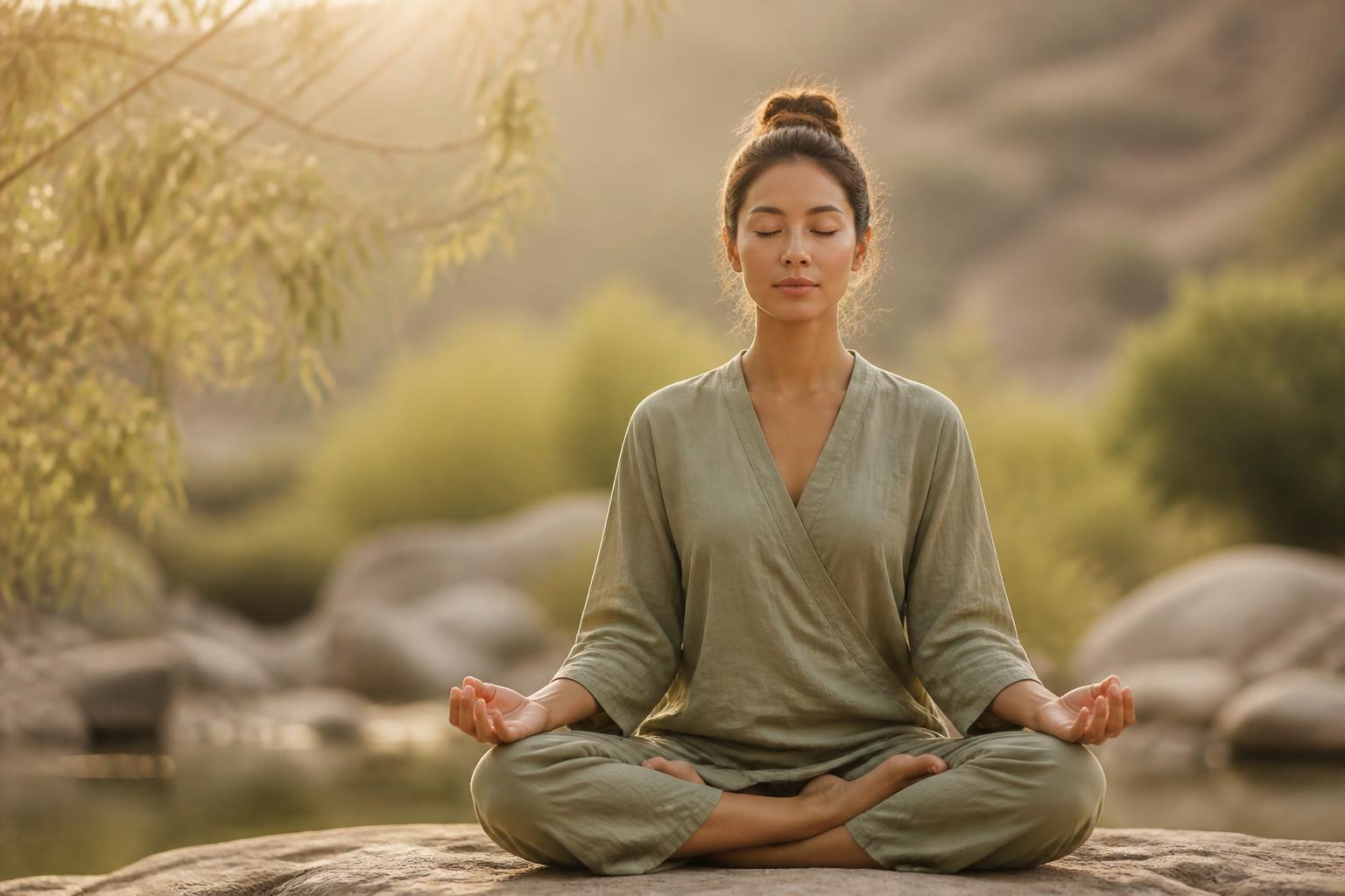 A person seated in peaceful meditation, soft golden light